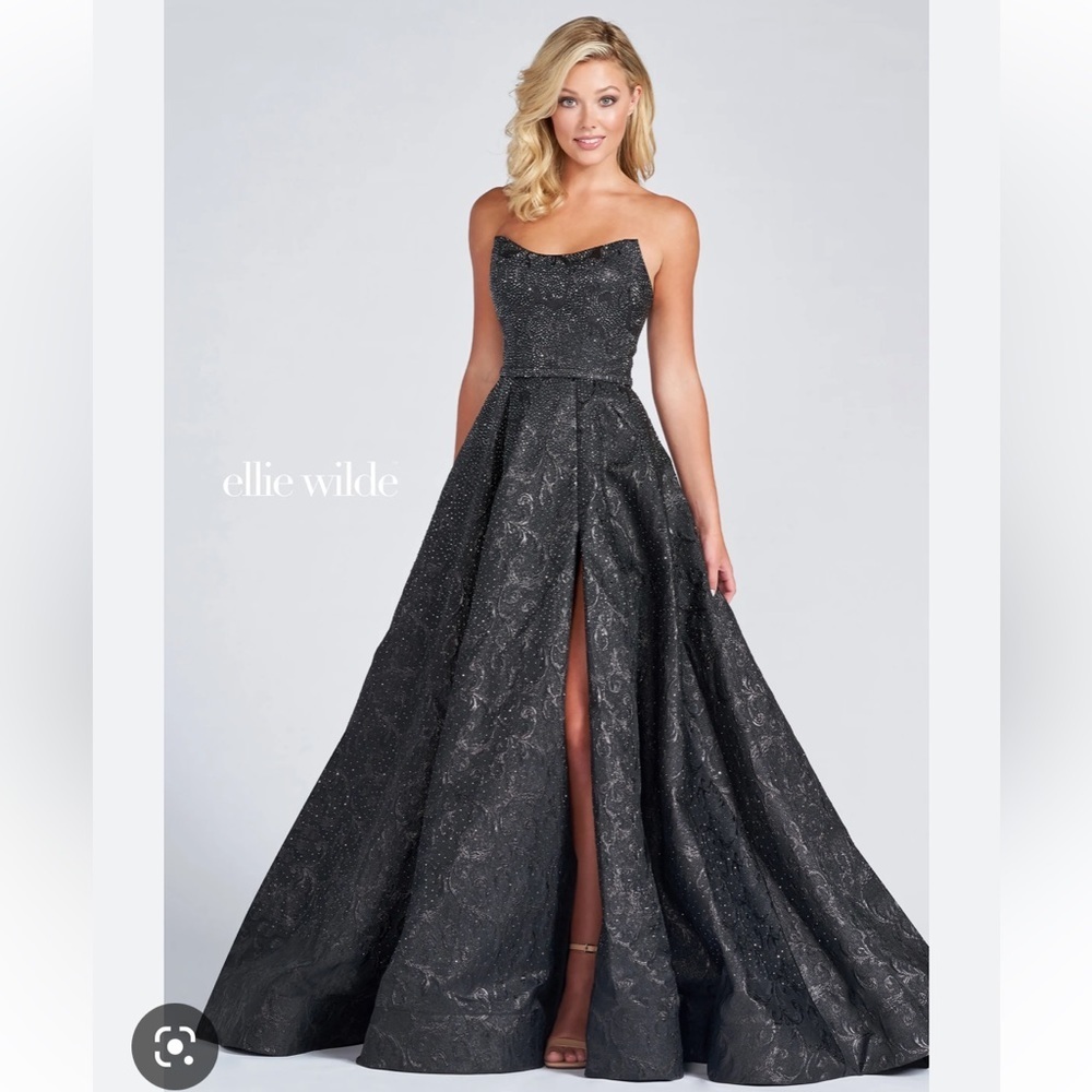 Ellie Wilde size 10 black, gunmetal strapless dress gown with slit